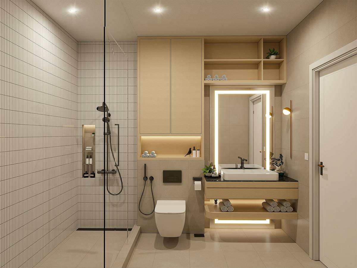 Modern bathroom with dual shower heads for couples featuring independent controls and rainhead plus handheld combo